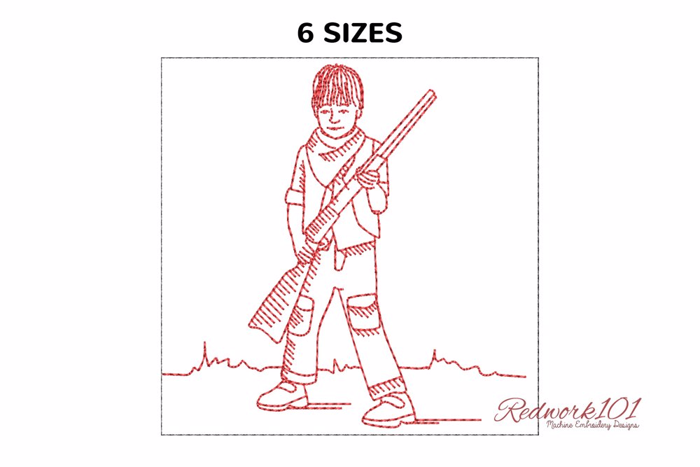 Cartoon boy with gun - Lineart Machine Embroidery Designs - Redwork101