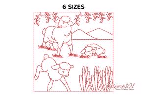 Three Sheep Grazing in Field