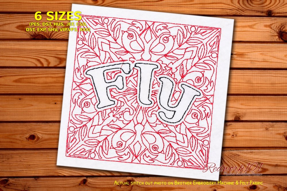 Fly Word - Lineart Machine Embroidery Designs - Redwork101