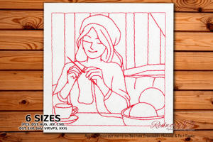 Woman Knitting in a Cafe