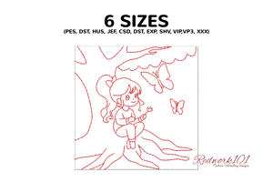 Little Girl Sits in Tree with Butterflies