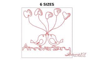 Couple of birds holding heart shape balloons